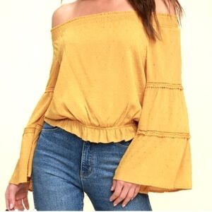 LULU'S NWT Boho Mustard Swiss Dot Off The Shoulder Top With Bell Sleeves L